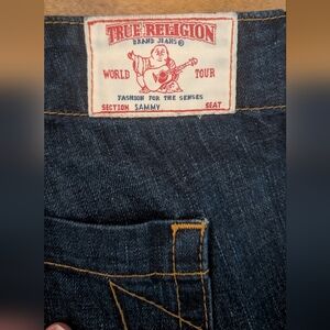 True Religion Women’s Dark Blue Flare Jeans with Gold Stitching